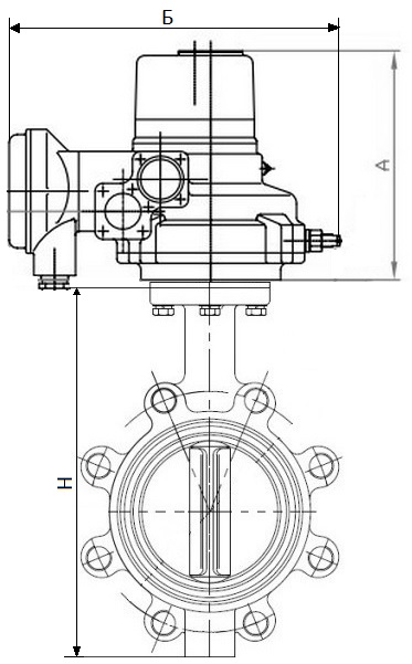 Затворы дисковые поворотные DN.ru WBV1616N-2W-Fb-H Ду100-150 Ру16 корпус - чугун QT450, диск - чугун QT450, уплотнение - NBR, межфланцевые, с электроприводом 1-оборотным ГЗ-ОФ 380В