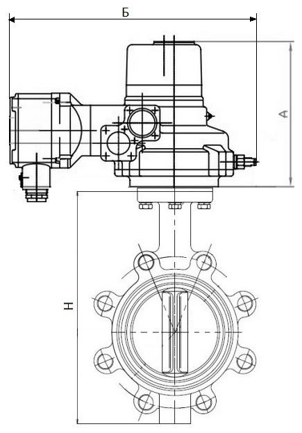 Затворы дисковые поворотные DN.ru WBV1631E-2W-Fb-H Ду100-150 Ру16 корпус - чугун QT450, диск - нержавеющая сталь 304, уплотнение - EPDM, межфланцевые, с электроприводом 1-оборотным взрывозащищенным ГЗ-ОФВ 380В