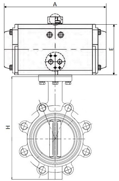 Затворы дисковые поворотные DN.ru WBV1616N-2W-Fb-H Ду50-150 Ру16 корпус-чугун QT450, диск-чугун QT450, уплотнение-NBR, межфланцевые, с пневмоприводом PA-DA