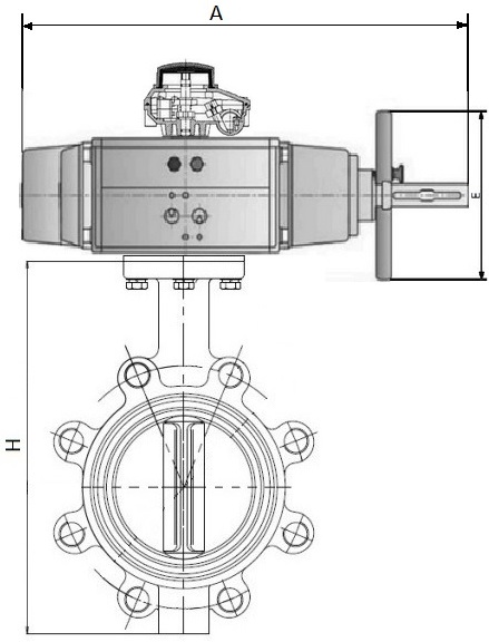 Затворы дисковые поворотные DN.ru WBV1616E-2W-Fb-H Ду125-150 Ру16 корпус - чугун QT450, диск - чугун QT450, уплотнение - EPDM, межфланцевые, с пневмоприводом PA-DA-105-1 и БКВ APL-210N