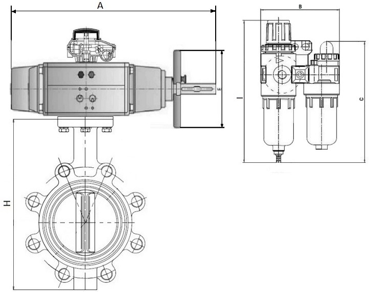 Затворы дисковые поворотные DN.ru WBV1631N-2W-Fb-H Ду125-150 Ру16 корпус - чугун QT450, диск - нержавеющая сталь 304, уплотнение - NBR, межфланцевые, с пневмоприводом PA-DA-105-1, пневмораспределителем 4V320-10 220В, БКВ APL-210N и БПВ AFC2000