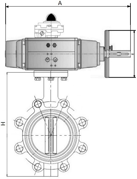 Затворы дисковые поворотные DN.ru WBV1631E-2W-Fb-H Ду125-150 Ру16 корпус - чугун QT450, диск - нержавеющая сталь 304, уплотнение - EPDM, межфланцевые, с пневмоприводом PA-DA-105-1 и БКВ APL-410N EX