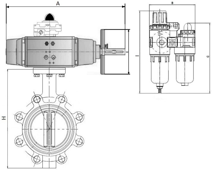 Затворы дисковые поворотные DN.ru WBV1616E-2W-Fb-H Ду125-150 Ру16 корпус - чугун QT450, диск - чугун QT450, уплотнение - EPDM, межфланцевые, с пневмоприводом PA-DA-105-1, пневмораспределителем 4M310-08 24В, БКВ APL-410N EX и БПВ AFC2000