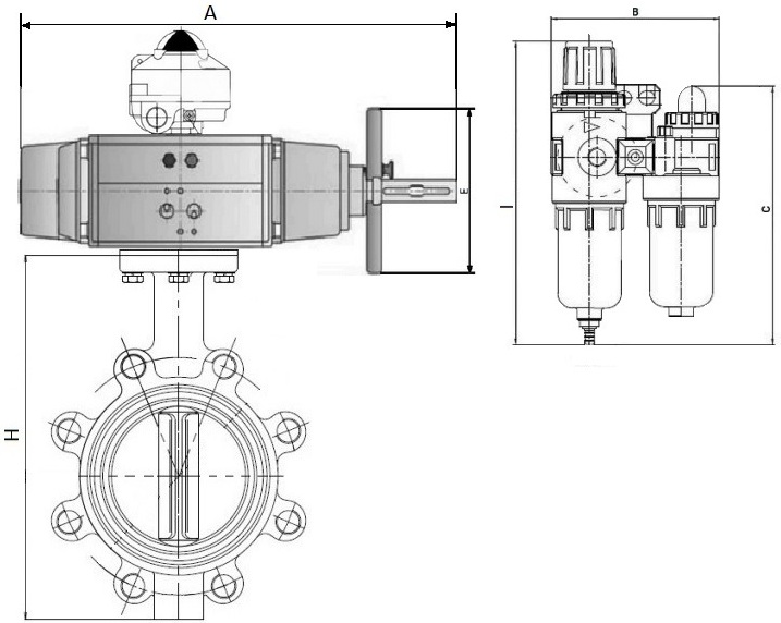 Затворы дисковые поворотные DN.ru WBV1616N-2W-Fb-H Ду125-150 Ру16 корпус - чугун QT450, диск - чугун QT450, уплотнение - NBR, межфланцевые, с пневмоприводом PA-DA-105-1, пневмораспределителем 4V320-10 220В, БКВ APL-510N EX и БПВ AFC2000