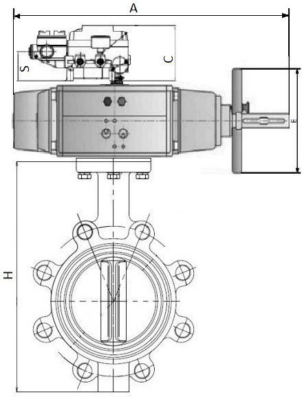 Затворы дисковые поворотные DN.ru WBV1631E-2W-Fb-H Ду125-150 Ру16 корпус - чугун QT450, диск - нержавеющая сталь 304, уплотнение - EPDM, межфланцевые, с пневмоприводом PA-DA-105-1 и позиционером YT-1000RSN