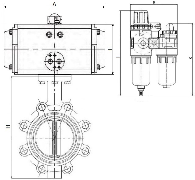 Затворы дисковые поворотные DN.ru WBV1616E-2W-Fb-R Ду200-300 Ру16 корпус-чугун QT450, диск-чугун QT450, уплотнение-EPDM, межфланцевые, с пневмоприводом PA-SA, пневмораспределителем 4M310-08 24В и БПВ AFC2000