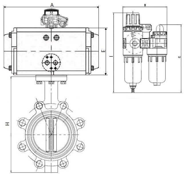 Затворы дисковые поворотные DN.ru WBV1616N-2W-Fb-R Ду200-300 Ру16 корпус-чугун QT450, диск-чугун QT450, уплотнение-NBR, межфланцевые, с пневмоприводом PA-SA, пневмораспределителем 4M310-08 220В, БКВ APL-210N и БПВ AFC2000