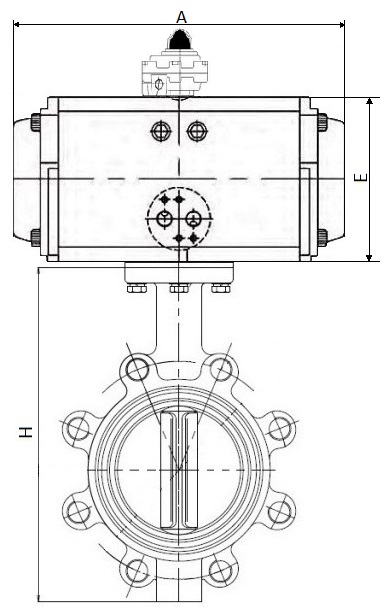 Затворы дисковые поворотные DN.ru WBV1631N-2W-Fb-H Ду50-150 Ру16 корпус-чугун QT450, диск-нержавеющая сталь 304, уплотнение-NBR, межфланцевые, с пневмоприводом PA-DA и БКВ APL-410N EX