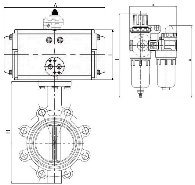 Затворы дисковые поворотные DN.ru WBV1616E-2W-Fb-R Ду200-300 Ру16 корпус-чугун QT450, диск-чугун QT450, уплотнение-EPDM, межфланцевые, с пневмоприводом PA-SA, пневмораспределителем 4V320-08 220В, БКВ APL-410N EX и БПВ AFC2000