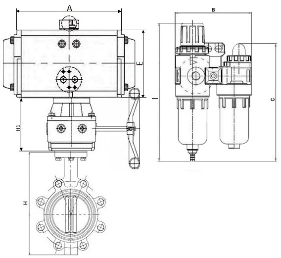 Затворы дисковые поворотные DN.ru WBV1631E-2W-Fb-R Ду200-300 Ру16 корпус-чугун QT450, диск-нержавеющая сталь 304, уплотнение-EPDM, межфланцевые, с пневмоприводом PA-DA, пневмораспределителем 4M310-08 220В, редуктором HDM и БПВ AFC2000