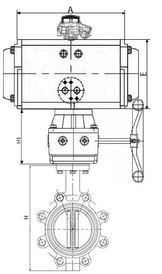 Затворы дисковые поворотные DN.ru WBV1631E-2W-Fb-H Ду50-150 Ру16 корпус-чугун QT450, диск-нержавеющая сталь 304, уплотнение-EPDM, межфланцевые, с пневмоприводом PA-DA, пневмораспределителем 4M310-08 24В, БКВ APL-210N и редуктором HDM