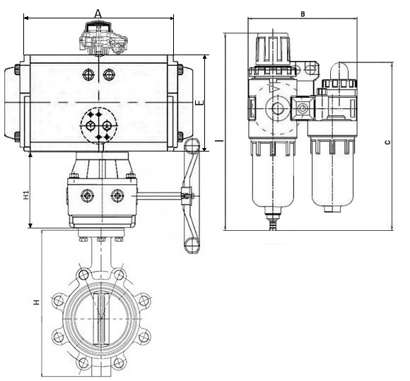 Затворы дисковые поворотные DN.ru WBV1631E-2W-Fb-R Ду200-300 Ру16 корпус-чугун QT450, диск-нержавеющая сталь 304, уплотнение-EPDM, межфланцевые, с пневмоприводом PA-DA, пневмораспределителем 4V320-10 220В, БКВ APL-210N, редуктором HDM и БПВ AFC2000