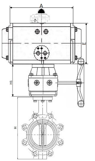 Затворы дисковые поворотные DN.ru WBV1616E-2W-Fb-H Ду50-150 Ру16 корпус-чугун QT450, диск-чугун QT450, уплотнение-EPDM, межфланцевые, с пневмоприводом PA-DA, пневмораспределителем 4V320-08 220В, БКВ APL-410N EX и редуктором HDM