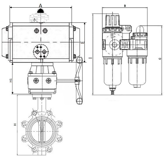 Затворы дисковые поворотные DN.ru WBV1631E-2W-Fb-R Ду200-300 Ру16 корпус-чугун QT450, диск-нержавеющаясталь 304, уплотнение-EPDM, межфланцевые, с пневмоприводом PA-DA, пневмораспределителем 4V320-08 220В, БКВ APL-410N EX, редуктором HDM и БПВ AFC2000