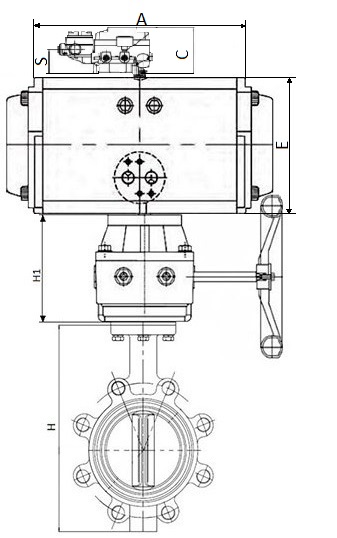 Затворы дисковые поворотные DN.ru WBV1631E-2W-Fb-R Ду200-300 Ру16 корпус-чугун QT450, диск-нержавеющая сталь 304, уплотнение-EPDM, межфланцевые, с пневмоприводом PA-DA, редуктором HDM и позиционером YT-1000RSN