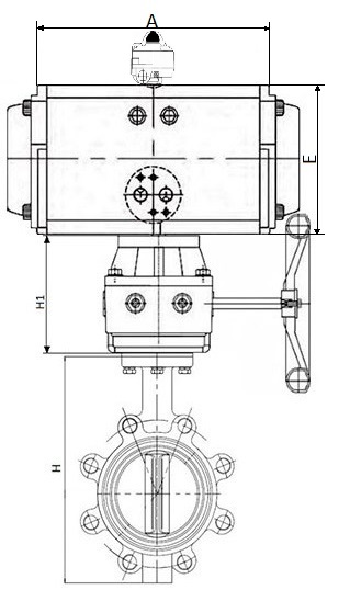 Затворы дисковые поворотные DN.ru WBV1631N-2W-Fb-H Ду50-150 Ру16 корпус-чугун QT450, диск-нержавеющая сталь 304, уплотнение-NBR, межфланцевые, с пневмоприводом PA-DA, пневмораспределителем 4V320-08 220В, БКВ APL-510N EX и редуктором HDM