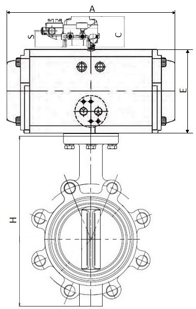 Затворы дисковые поворотные DN.ru WBV1631N-2W-Fb-H Ду50-150 Ру16 корпус-чугун QT450, диск-нержавеющая сталь 304, уплотнение-NBR, межфланцевые, с пневмоприводом PA-SA и позиционером YT-1000RSN