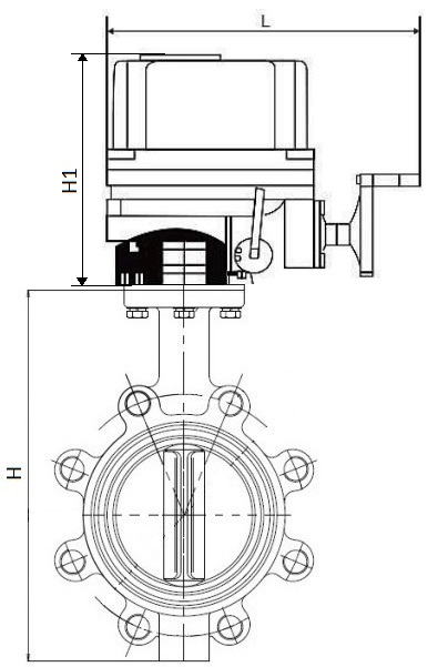 Затворы дисковые поворотные DN.ru WBV1616N-2W-Fb-H Ду100-150 Ру16 корпус - чугун QT450, диск - чугун QT450, уплотнение - NBR, межфланцевые, с электроприводом 1/4-оборотным Dn.ru QT-EX-EM-O1-220VAC-У1 220В 