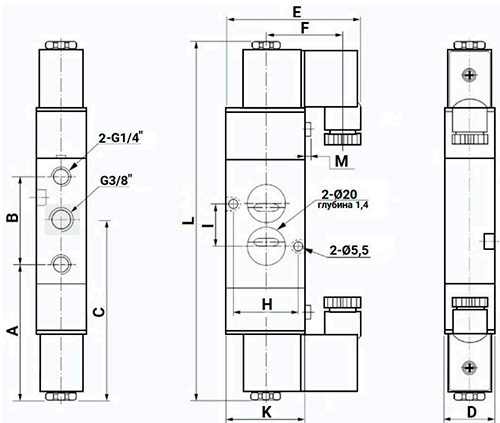 Пневмораспределители DN.ru 4V320-8/10 NAMUR AC220V присоединение 1/4″-3/8″, с двусторонним электромагнитным управлением