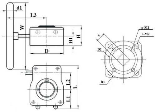 Краны шаровые DN.ru BV3232P(2pc)-FP-3WL-F-ISO-H Ду20-80 Ру16 HYMT, трехходовые L-тип, полнопроходные, фланцевые, корпус - нержавеющая сталь SS316, с редуктором HAM RQNx-xZ-x