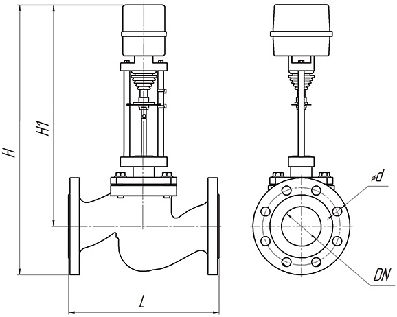 Клапан регулирующий двухходовой DN.ru 25ч945п Ду100 Ру16 Kvs125, серый чугун СЧ20, фланцевый, Tmax до 150°С с электроприводом DAV 2500 - 220B