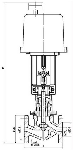 Клапан регулирующий двухходовой DN.ru 25с945нж VRg1-21M-LED-F Ду65 Ру25 ETM Kv=40 односедельный, корпус – сталь 25Л, уплотнение – металл, фланцевый с электроприводом LEA-1200 220В, трехпозиционный, без датчика положения, IP54