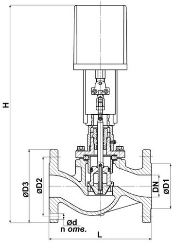 Клапан регулирующий двухходовой DN.ru 25ч945нж VRg1-11M-LED-F Ду65 Ру16 ETM Kv=25 односедельный, корпус – серый чугун GG25, уплотнение – металл, фланцевый с электроприводом LEA-1200 220В, трехпозиционный, без датчика положения, IP54