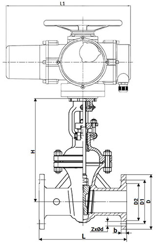 Задвижка клиновая 30с964нж DN.ru GVWR2134M-2W-F-ОСТ Ду150 Ру25 фланцевая, корпус - сталь 25Л, материал клина - сталь WCB, уплотнение - металл, c ОСТ-фланцем, с электроприводом DN.ru MT-N-030M-O2-380VAC-У1 пятикулачковым