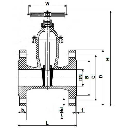 Задвижки клиновые 30ч39р DN.ru GVWN1414S-2W-F-S red Ду50-150 Ру16 фланцевые, корпус - чугун GGG50, уплотнение - силикон, со штурвалом и невыдвижным штоком