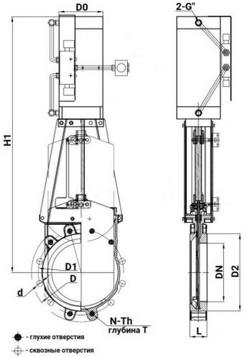 Задвижки шиберные DN.ru GVKR1331E-2W-Fb-2P Ду300 Ру6 двусторонние, межфланцевые, шпиндель - выдвижной, корпус - чугун GGG40, шибер - нержавеющая сталь 304, уплотнение - EPDM, WENZ, с пневмоприводом и пневмораспределителем 4V210-08 24В KUOIN