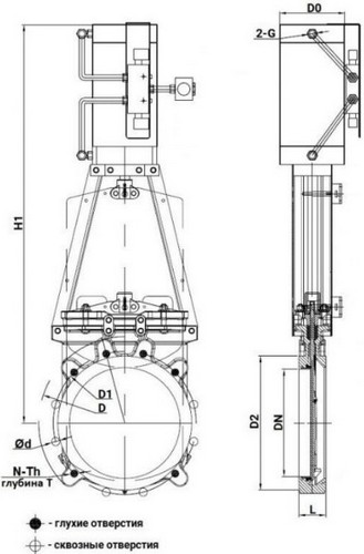 Задвижки шиберные DN.ru GVKR3131M-1W-Fb-2P Ду150 Ру10 односторонние, межфланцевые, шпиндель - выдвижной, корпус - нержавеющая сталь 304, шибер - нержавеющая сталь 304, уплотнение - металл, с пневмоприводом, WENZ