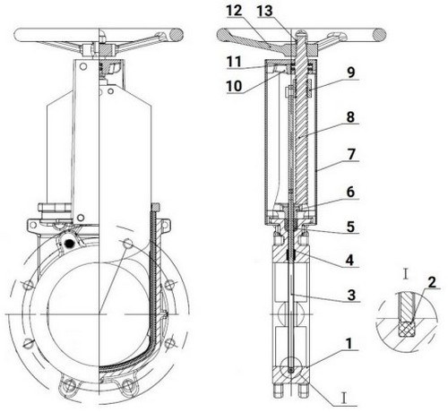 Задвижка шиберная DN.ru GVKN1331E-2W-Fb-S Ду125 Ру10 двусторонняя, межфланцевая, шпиндель - невыдвижной, корпус - чугун GGG40, шибер - нержавеющая сталь 304, уплотнение - EPDM, управление - штурвал, WENZ