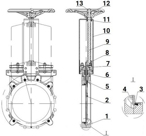 Задвижки шиберные DN.ru GVKN3131M-1W-Fb-S Ду150 Ру10 односторонние, межфланцевые, шпиндель - невыдвижной, корпус - нержавеющая сталь 304, шибер - нержавеющая сталь 304, уплотнение - металл, управление - штурвал, WENZ