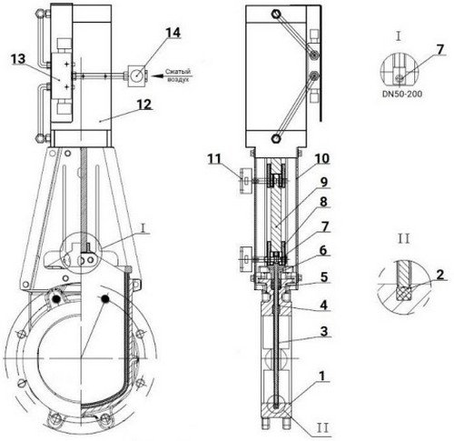 Задвижка шиберная DN.ru GVKR1331E-2W-Fb-2P Ду80 Ру16 двусторонняя, межфланцевая, шпиндель - выдвижной, корпус - чугун GGG40, шибер - нержав.сталь 304, EPDM, WENZ, с пн.приводом, пн.распределителем 4V210-08 220В KUOIN и индукц.датчиками LJ12A3-4-J/EZ 220В