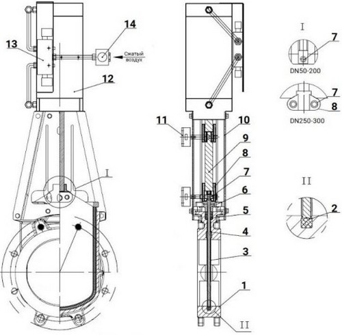 Задвижки шиберные DN.ru GVKR1331E-2W-Fb-2P Ду300 Ру6 двусторонние, межфланцевые, шпиндель - выдвижной, корпус - чугун GGG40, шибер - нержавеющая сталь 304, уплотнение - EPDM, WENZ, с пневмоприводом и пневмораспределителем 4V210-08 24В KUOIN