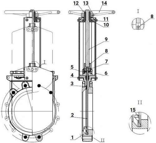 Задвижки шиберные DN.ru GVKR1331M-1W-Fb-S Ду150 Ру10 односторонние, межфланцевые, шпиндель - выдвижной, корпус - чугун GGG40, шибер - нержавеющая сталь 304, уплотнение - металл, управление - штурвал, WENZ