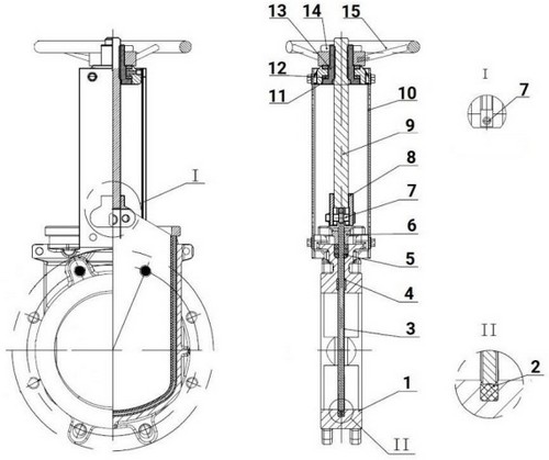 Задвижки шиберные DN.ru GVKR1331N-2W-Fb-S Ду50-100 Ру16 двусторонние, межфланцевые, шпиндель - выдвижной, корпус - чугун GGG40, шибер - нержавеющая сталь 304, уплотнение - NBR, управление - штурвал, WENZ