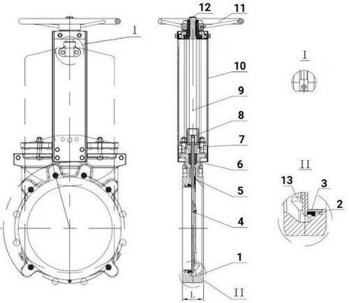 Задвижки шиберные DN.ru GVKR3131E-1W-Fb-S Ду65-100 Ру16 односторонние, межфланцевые, шпиндель - выдвижной, корпус - нержавеющая сталь 304, шибер - нержавеющая сталь 304, уплотнение - EPDM, управление - штурвал, WENZ