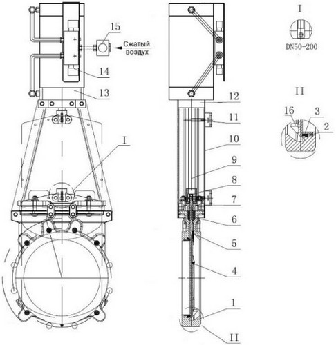 Задвижки шиберные DN.ru GVKR3131M-1W-Fb-2P Ду150 Ру10 односторонние, межфланцевые, шпиндель - выдвижной, корпус - нержавеющая сталь 304, шибер - нержавеющая сталь 304, уплотнение - металл, с пневмоприводом, WENZ