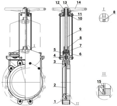 Задвижка шиберная DN.ru GVKR3131M-1W-Fb-S Ду80 Ру16 односторонняя, межфланцевая, шпиндель - выдвижной, корпус - нержавеющая сталь 304, шибер - нержавеющая сталь 304, уплотнение - металл, управление - штурвал, WENZ
