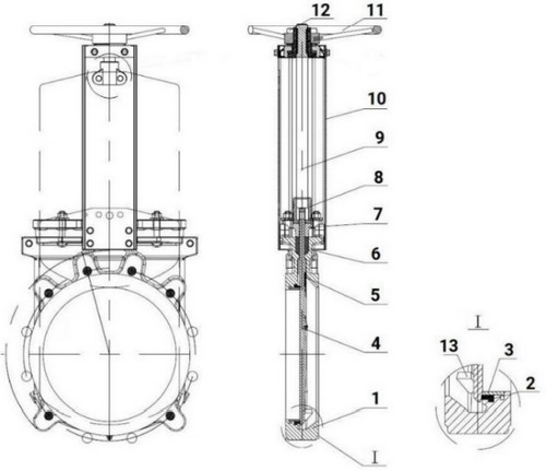 Задвижки шиберные DN.ru GVKR3232E-1W-Fb-S Ду300 Ру6 односторонние, межфланцевые, шпиндель - выдвижной, корпус - нержавеющая сталь 316, шибер - нержавеющая сталь 316, уплотнение - EPDM, управление - штурвал, WENZ