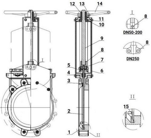 Задвижки шиберные DN.ru GVKR3232M-1W-Fb-S Ду80 Ру16 односторонние, межфланцевые, шпиндель - выдвижной, корпус - нержавеющая сталь 316, шибер - нержавеющая сталь 316, уплотнение - металл, управление - штурвал, WENZ