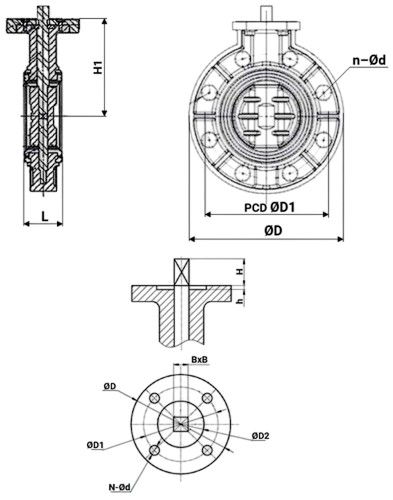 Затвор дисковый поворотный DN.ru WBV4242E-2W-Fb-ISO Дн200 Ру10 UPVC (НПВХ), межфланцевый, корпус - UPVC (НПВХ), диск - UPVC (НПВХ), уплотнение - EPDM, с ISO-фланцем и голым штоком квадратным