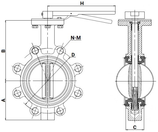 Затвор дисковый поворотный DN.ru WBV1616N-2W-Fb-H Ду125 Ру16 LUG межфланцевый, корпус - высокопрочный чугун GGG45/QT450, диск - высокопрочный чугун GGG45/QT450, уплотнение - NBR, с рукояткой