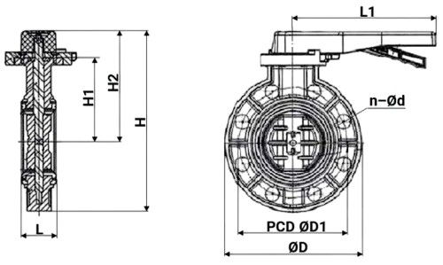 Затвор дисковый поворотный DN.ru WBV4242E-2W-Fb-H Дн200 Ру10 UPVC (НПВХ), межфланцевый, корпус - UPVC (НПВХ), диск - UPVC (НПВХ), уплотнение - EPDM, с рукояткой