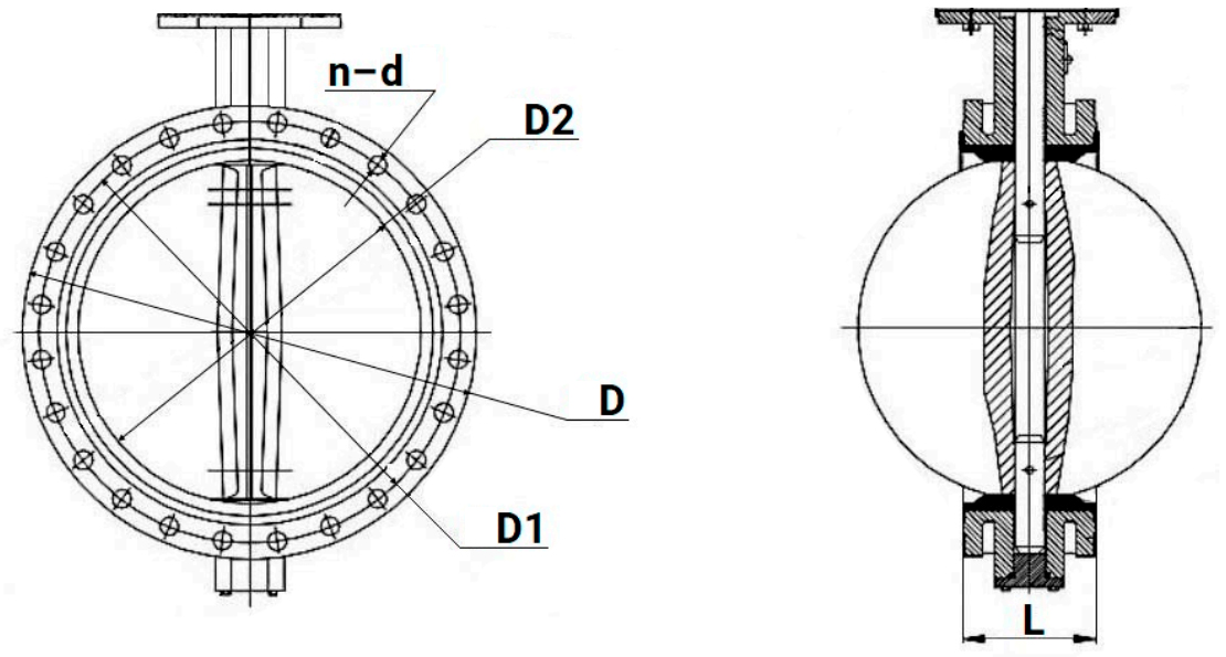 Затворы дисковые поворотные DN.ru WBV1313E-2W-F Ду50-300 Ру16 фланцевые, корпус - чугун GGG40, диск - чугун GGG40, уплотнение - EPDM, с ISO-фланцем