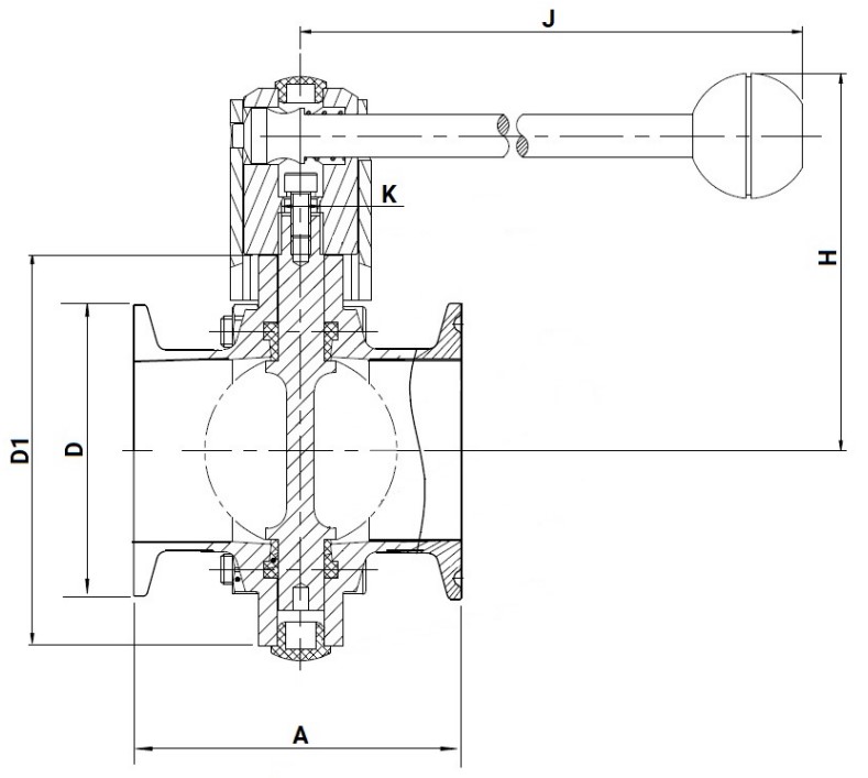 Затвор дисковый поворотный DN.ru WBV3131E-2W-C-H Ду20 Ру10 пищевая нержавеющая сталь 304, уплотнение – EPDM, присоединение CLAMP, с рукояткой