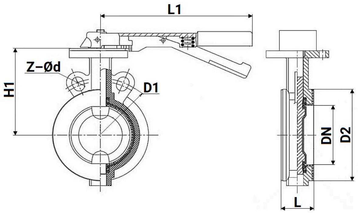 Затвор дисковый поворотный DN.ru WBV3434Pf-2W-Fb-H Ду100 Ру16 корпус - углеродистая сталь WCB, диск - углеродистая сталь WCB, уплотнение - PTFE, футерованный, межфланцевый, с рукояткой