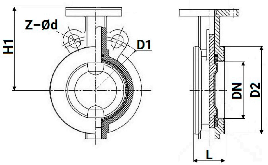 Затворы дисковые поворотные DN.ru WBV3434Pf-2W-Fb Ду50-300 Ру16 корпус - углеродистая сталь WCB, диск - углеродистая сталь WCB, уплотнение - PTFE, углеродистая сталь, футерованные, межфланцевые