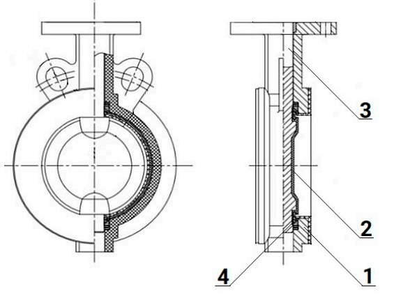 Затворы дисковые поворотные DN.ru WBV3434Pf-2W-Fb Ду50-300 Ру16 корпус - углеродистая сталь WCB, диск - углеродистая сталь WCB, уплотнение - PTFE, углеродистая сталь, футерованные, межфланцевые